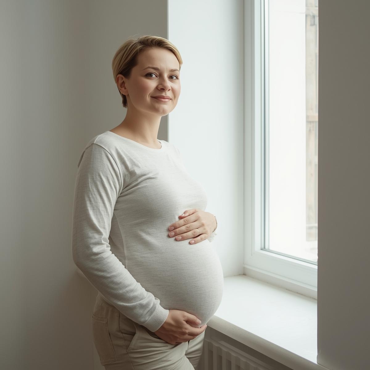 A confident pregnant woman in her early 30s, indoors near a bright window, wearing a comfortable casual outfit, short blonde hair, subtle smile, relaxed and thoughtful look, cozy atmosphere, realistic portrait photo.